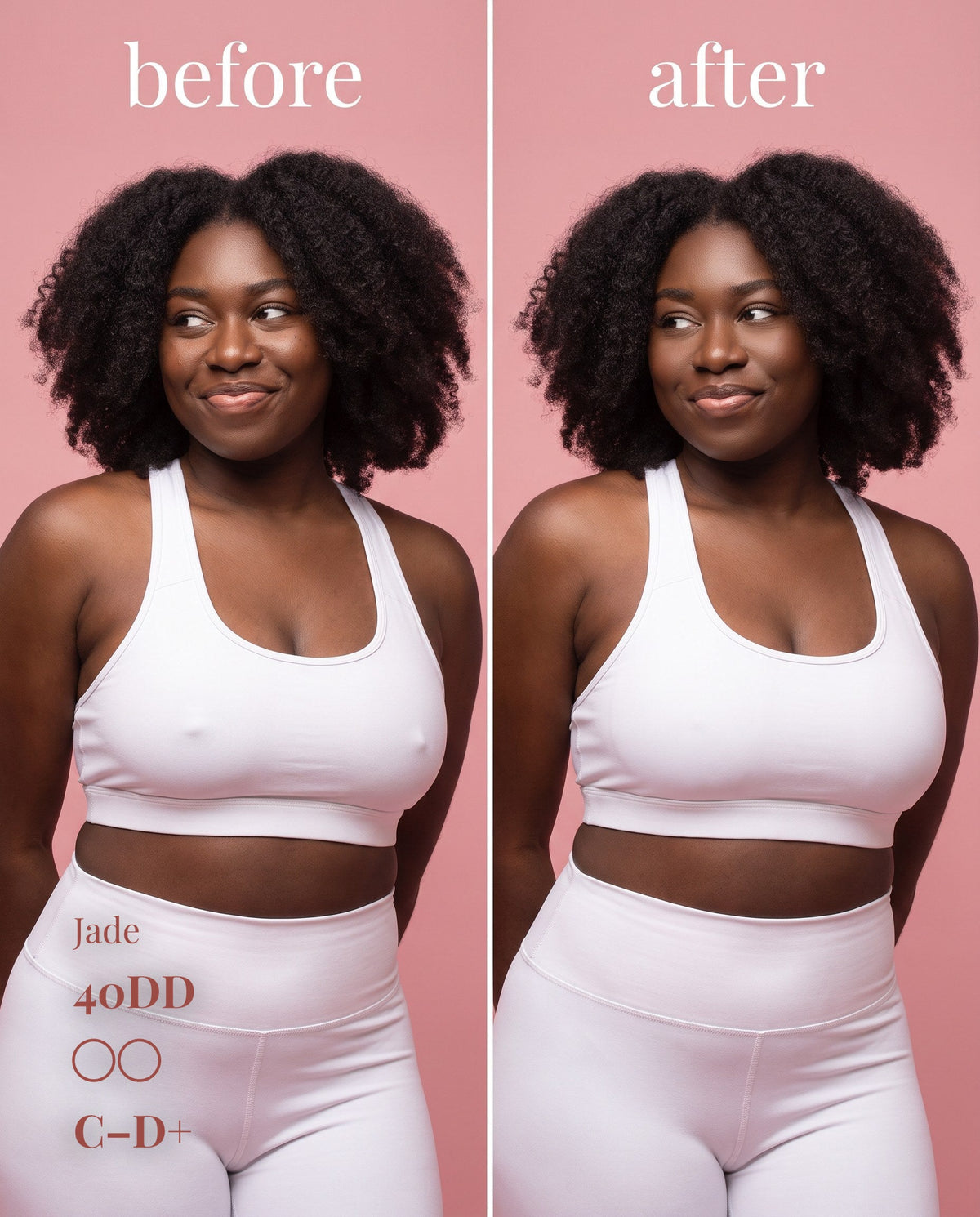 Before-and-after comparison of C–D+ nipple covers under a white sports bra on a model labeled 40DD.