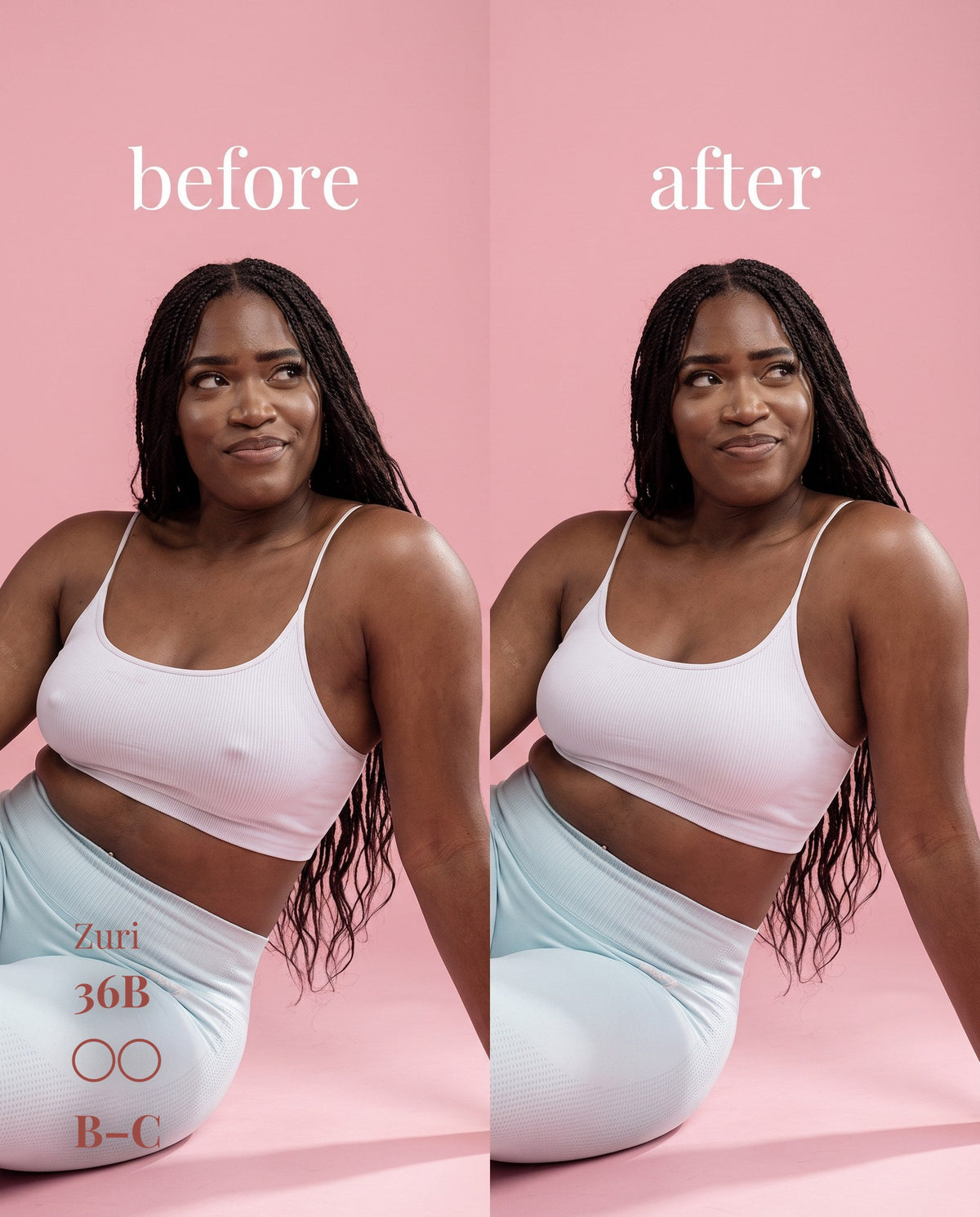 Before-and-after comparison of B–C nipple covers under a white cropped camisole on a model labeled 36B.