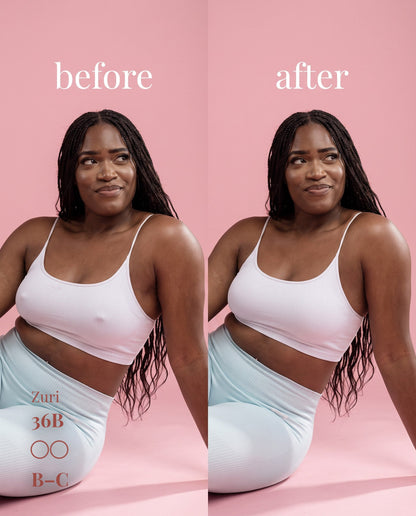 Before-and-after comparison of B–C nipple covers under a white cropped camisole on a model labeled 36B.