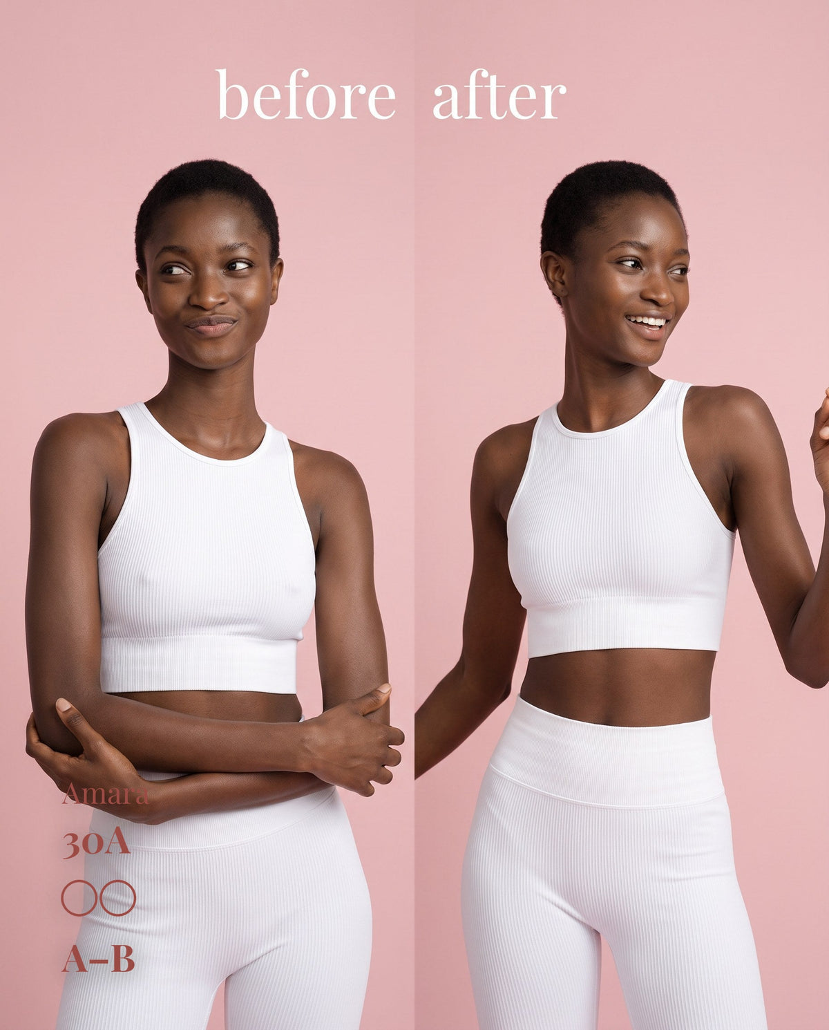 Before-and-after comparison of A–B nipple covers under a white ribbed crop top on a model labeled 30A.