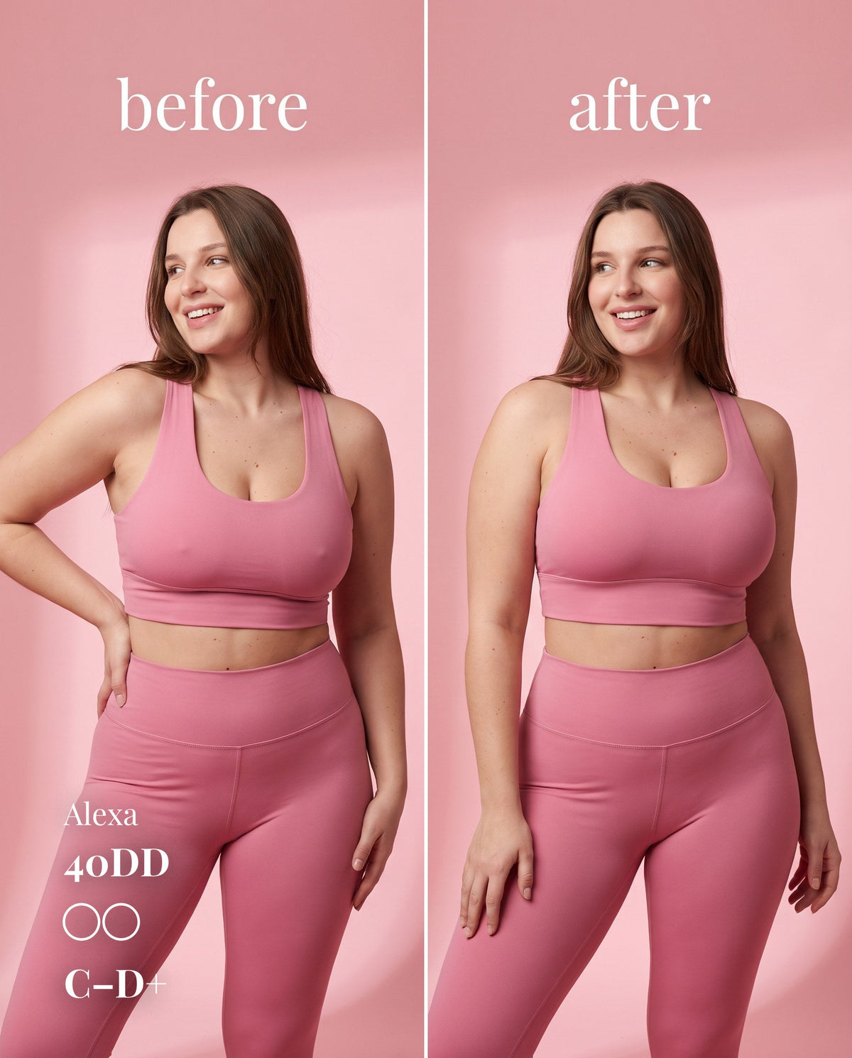 Before-and-after comparison of C–D+ nipple covers under a pink sports bra on a model labeled 40DD.
