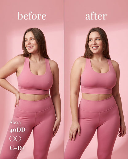 Before-and-after comparison of C–D+ nipple covers under a pink sports bra on a model labeled 40DD.
