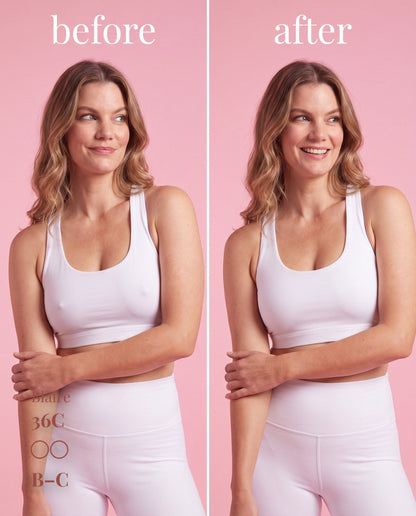 Before-and-after comparison of B–C nipple covers under a white sports bra on a model labeled 36C.