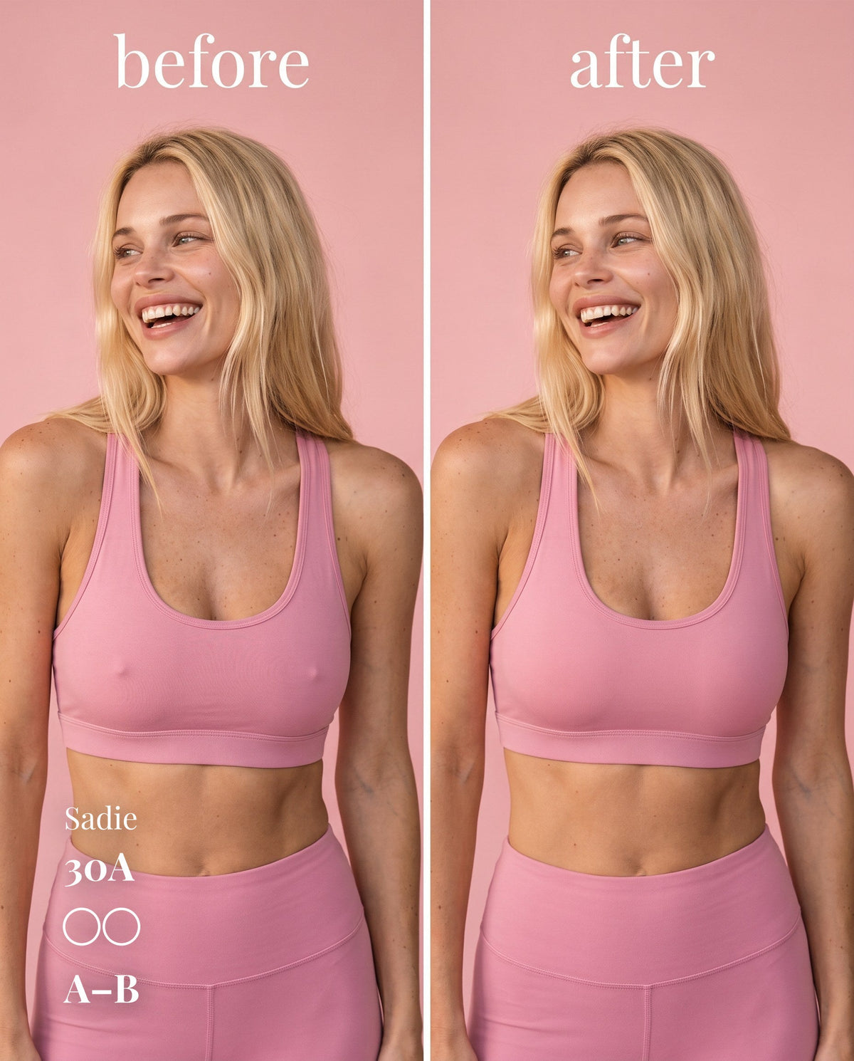 Before-and-after comparison of A–B nipple covers under a pink sports bra on a model labeled 30A.