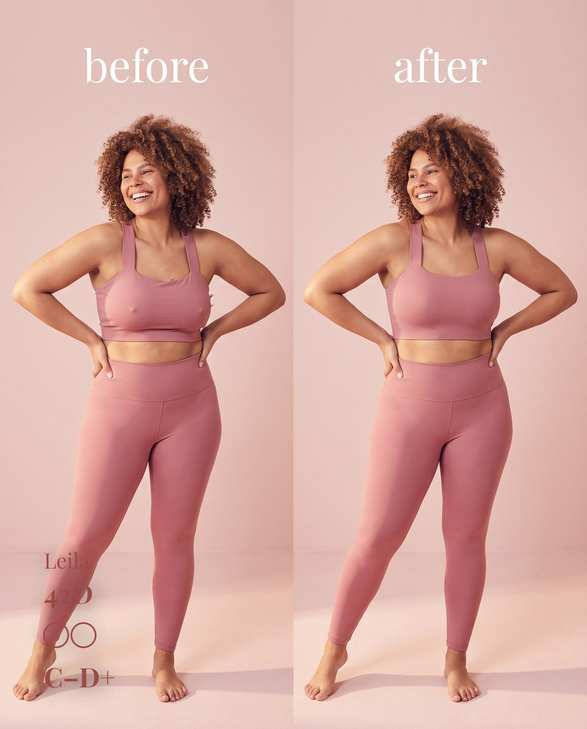 Before-and-after comparison of C–D+ nipple covers under pink activewear on a model labeled 42D.