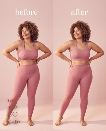 Before-and-after comparison of C–D+ nipple covers under pink activewear on a model labeled 42D.