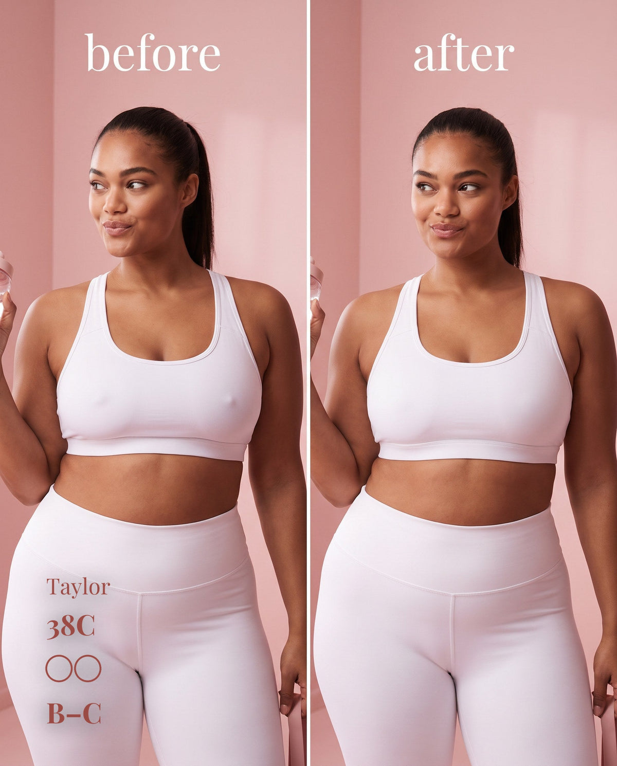 Before-and-after comparison of B–C nipple covers under a white sports bra on a model labeled 38C.