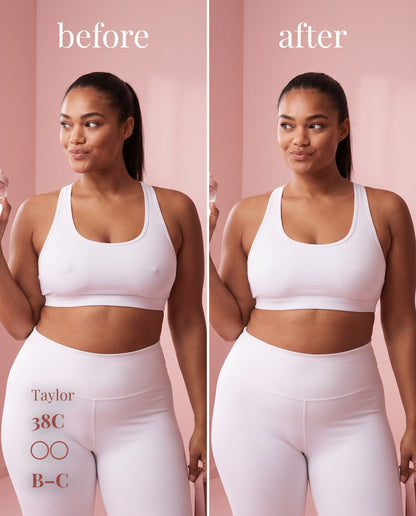 Before-and-after comparison of B–C nipple covers under a white sports bra on a model labeled 38C.