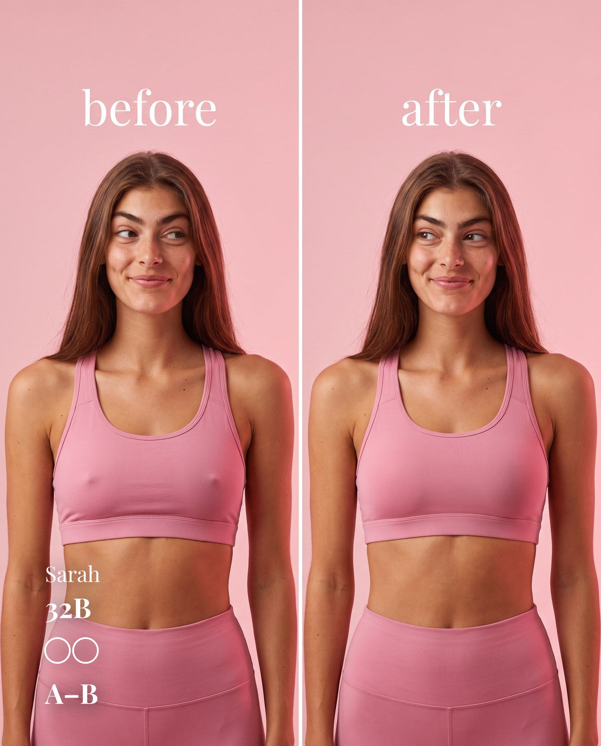 Before-and-after comparison of A–B nipple covers under a pink sports bra on a model labeled 32B.