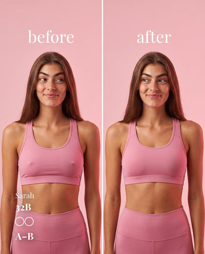 Before-and-after comparison of A–B nipple covers under a pink sports bra on a model labeled 32B.