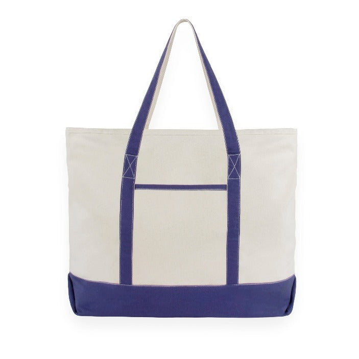 White tote bag with blue accents on a white background