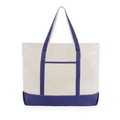 White tote bag with blue accents on a white background