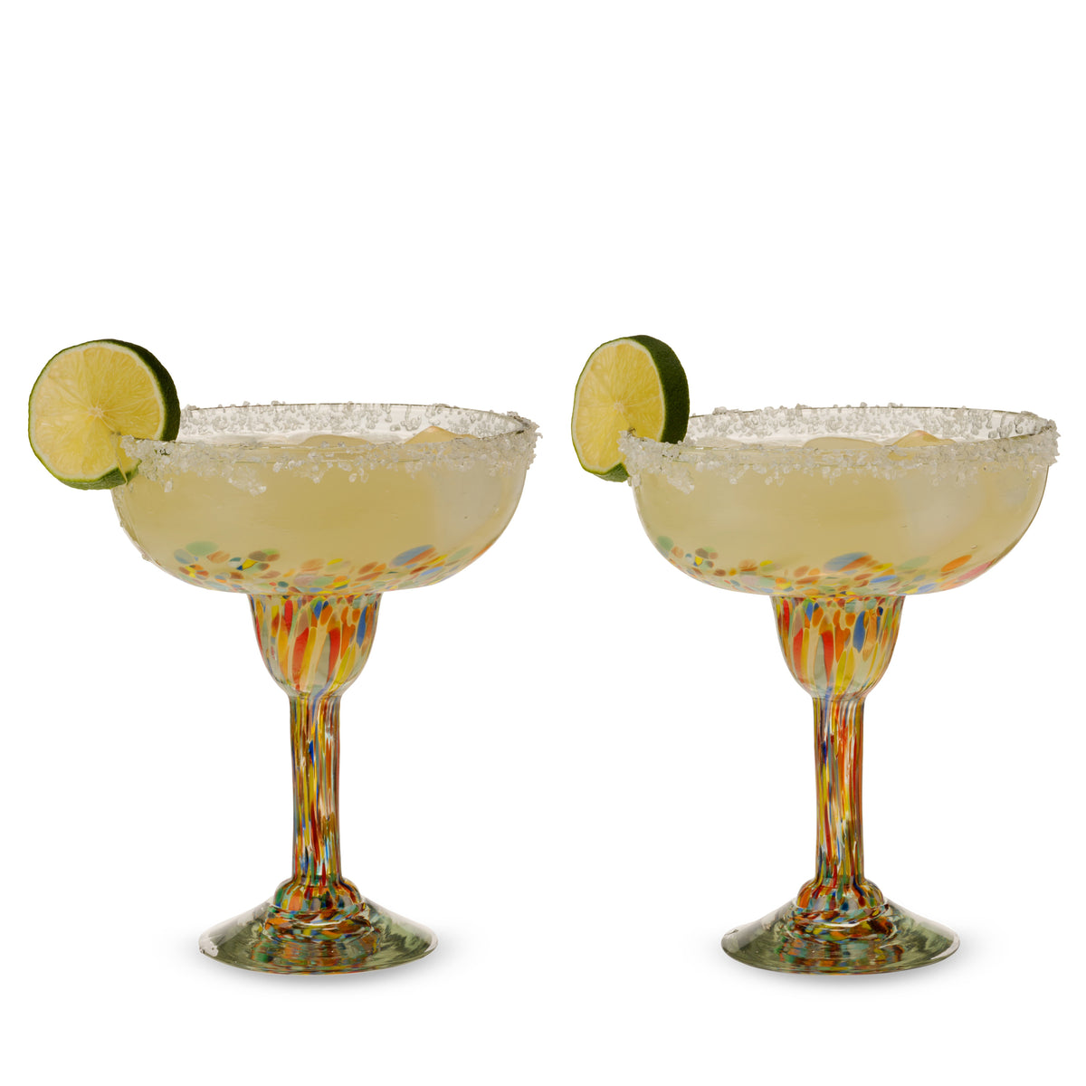 Two colorful speckled margarita glasses filled with drinks, with salted rims and lime slices.