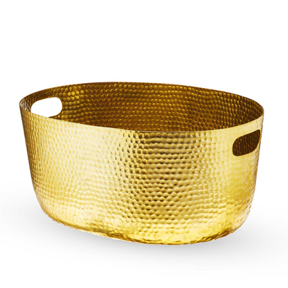 Empty hammered gold metal beverage tub showing its oval shape and cut-out handles on a white background.