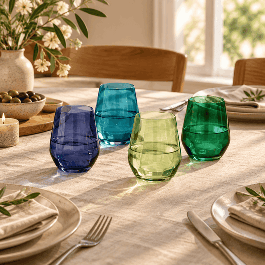 Northern Lights stemless wine glasses on a dining table