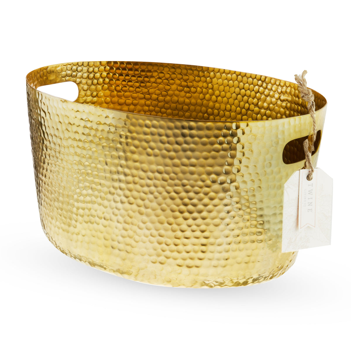 Angled view of an empty hammered gold beverage tub with cut-out handles and a hanging product tag.⠋