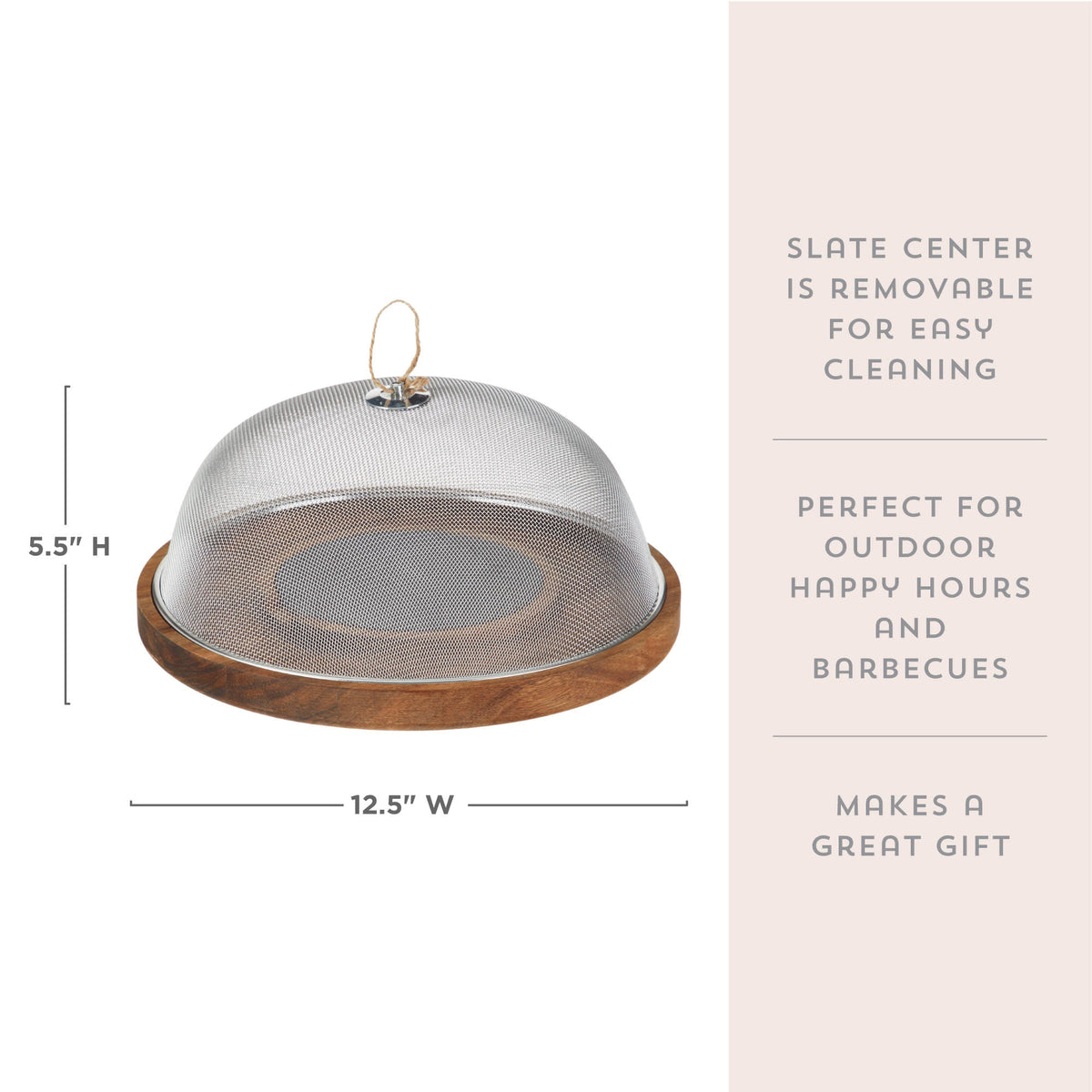 Metal cloche with wooden base on a white background with text about its features.
