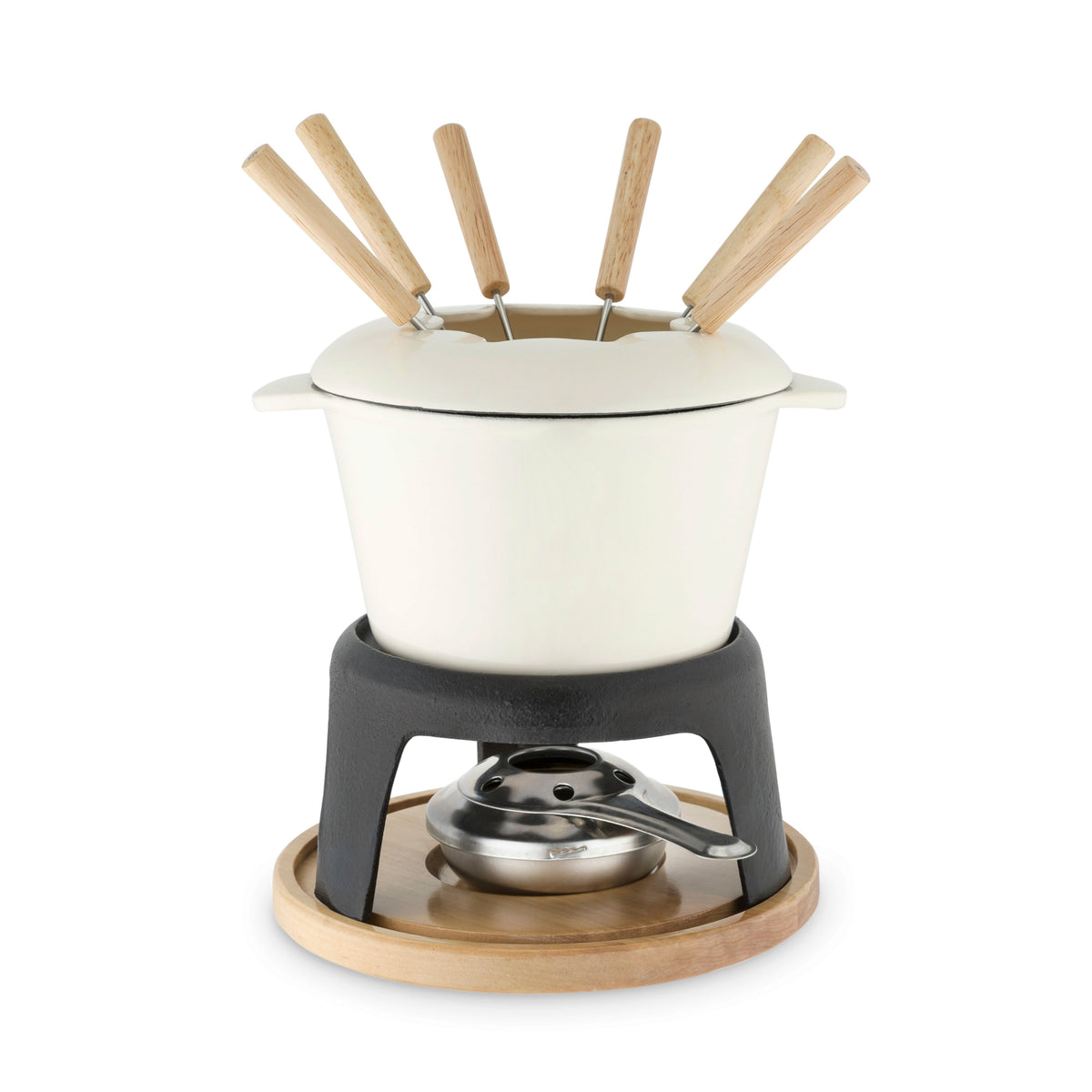 White fondue pot with wooden skewers on a black burner with a wooden base on a white background