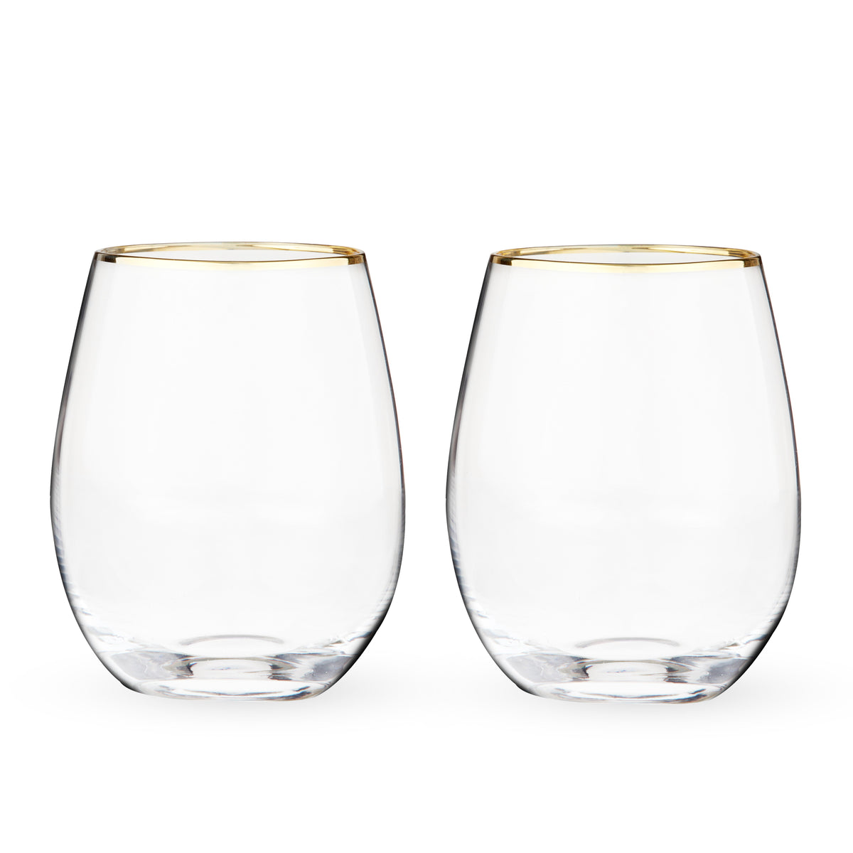 Two clear stemless wine glasses with gold rims on a white background