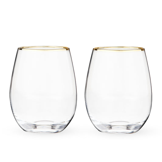 Two clear stemless wine glasses
