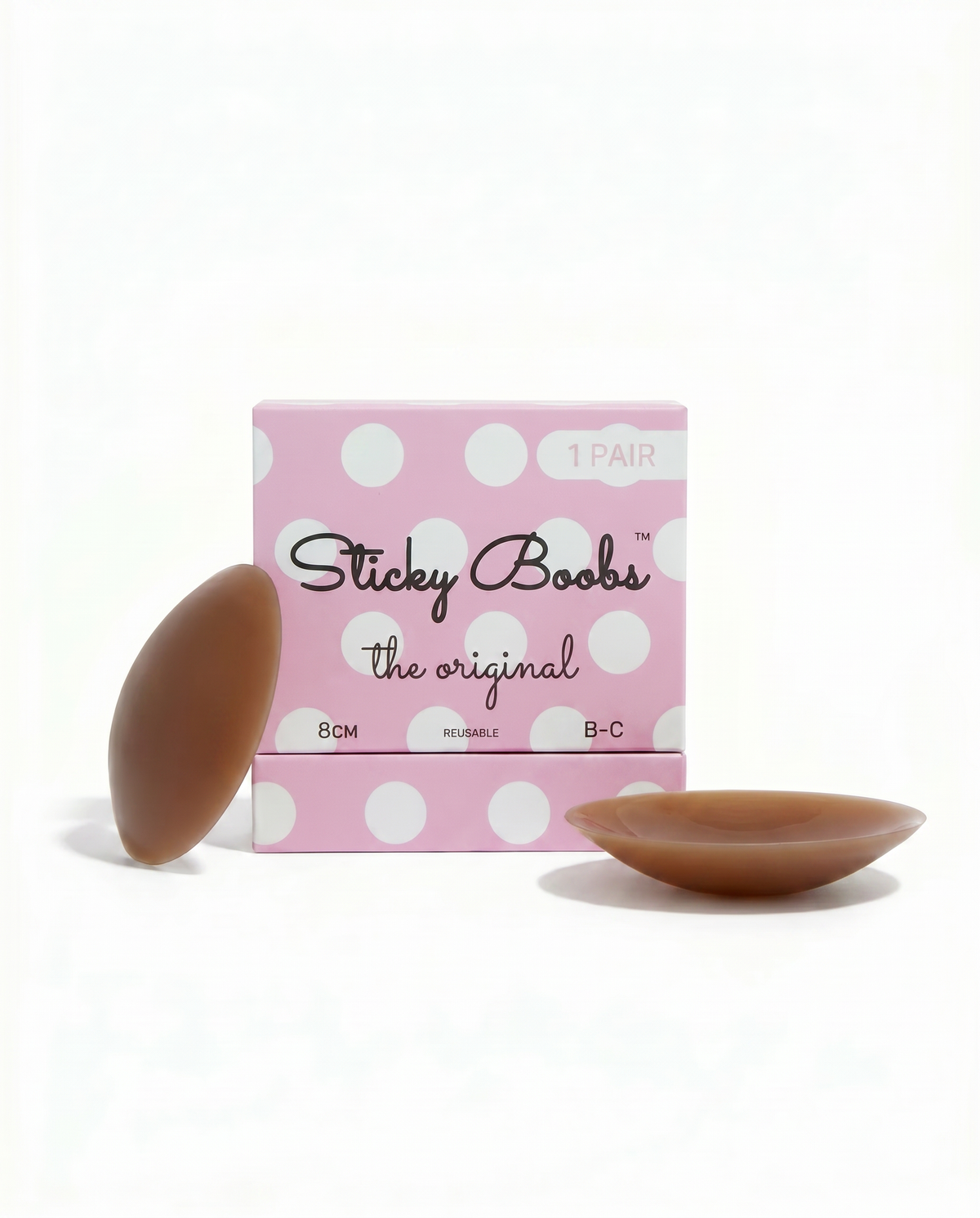 Dark Original Sticky Boobs silicone nipple covers with pink packaging labeled B–C, 8 cm.
