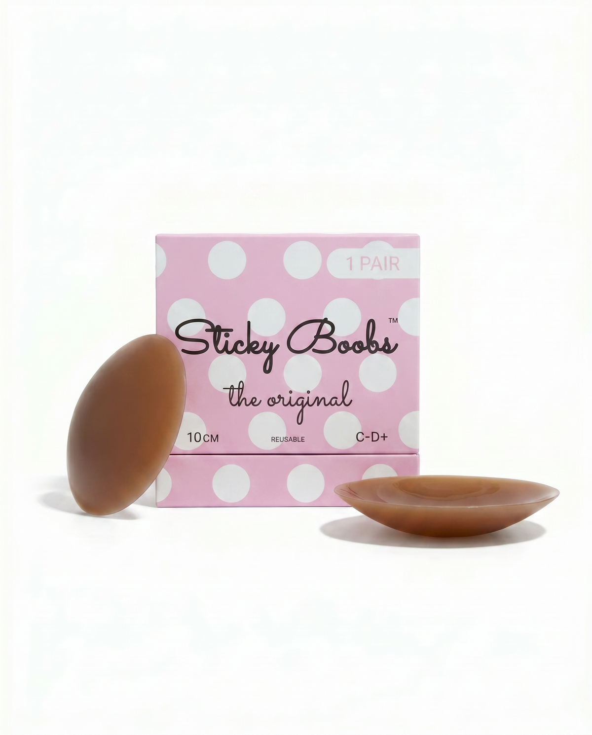 Dark Original Sticky Boobs silicone nipple covers with pink packaging labeled C–D+, 10 cm.