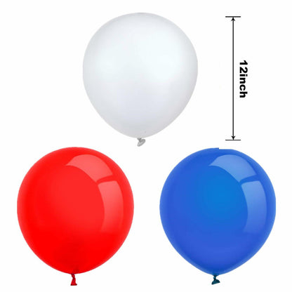 Three balloons in red, white, and blue with a measurement label indicating 12-inch size.