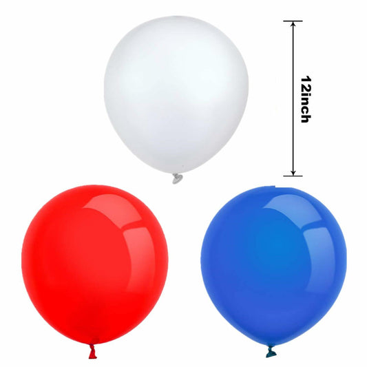 Three balloons in red, white, and blue with a measurement label indicating 12-inch size.