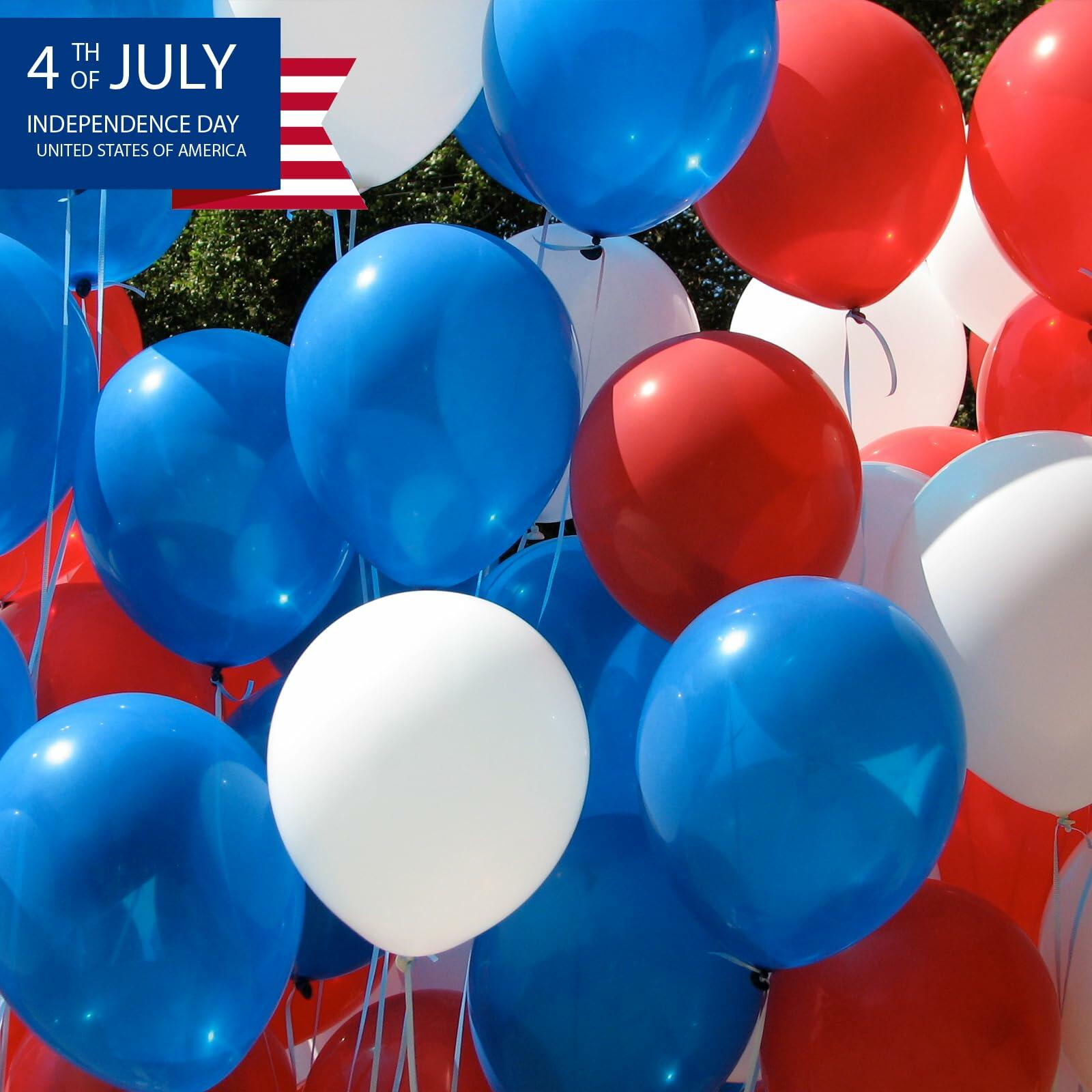 Red, white, and blue balloons with a 4th of July banner in the background.