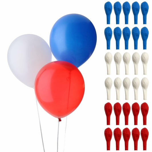 Red, white, and blue balloons with additional red and blue balloons on a white background