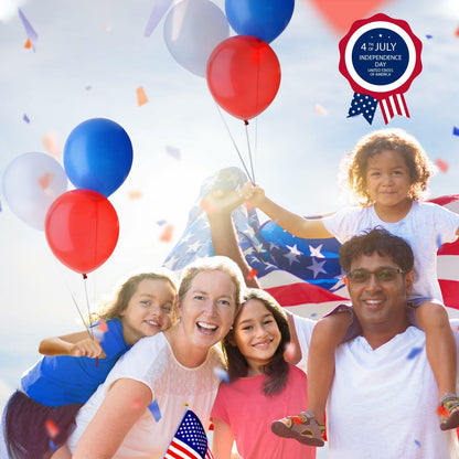 Family with children holding balloons and an American flag, celebrating 4th of July.
