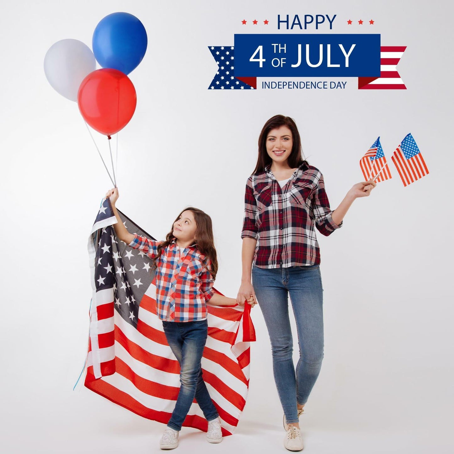 Woman and child holding American flags and balloons with 'Happy 4th of July' text on a white background