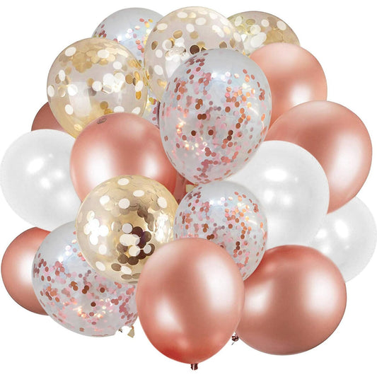 Dandy Decor 60 pack of 12-inch rose gold and white confetti balloons with ribbon, featuring shiny metallic and clear designs.