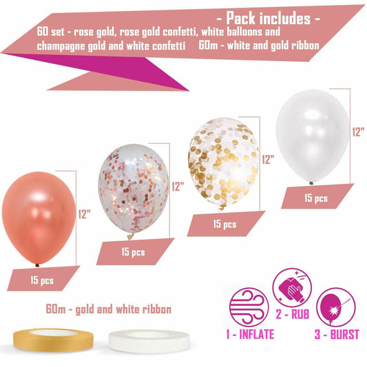 Dandy Decor 60 pack of 12-inch rose gold and white confetti balloons with gold and white ribbon included.