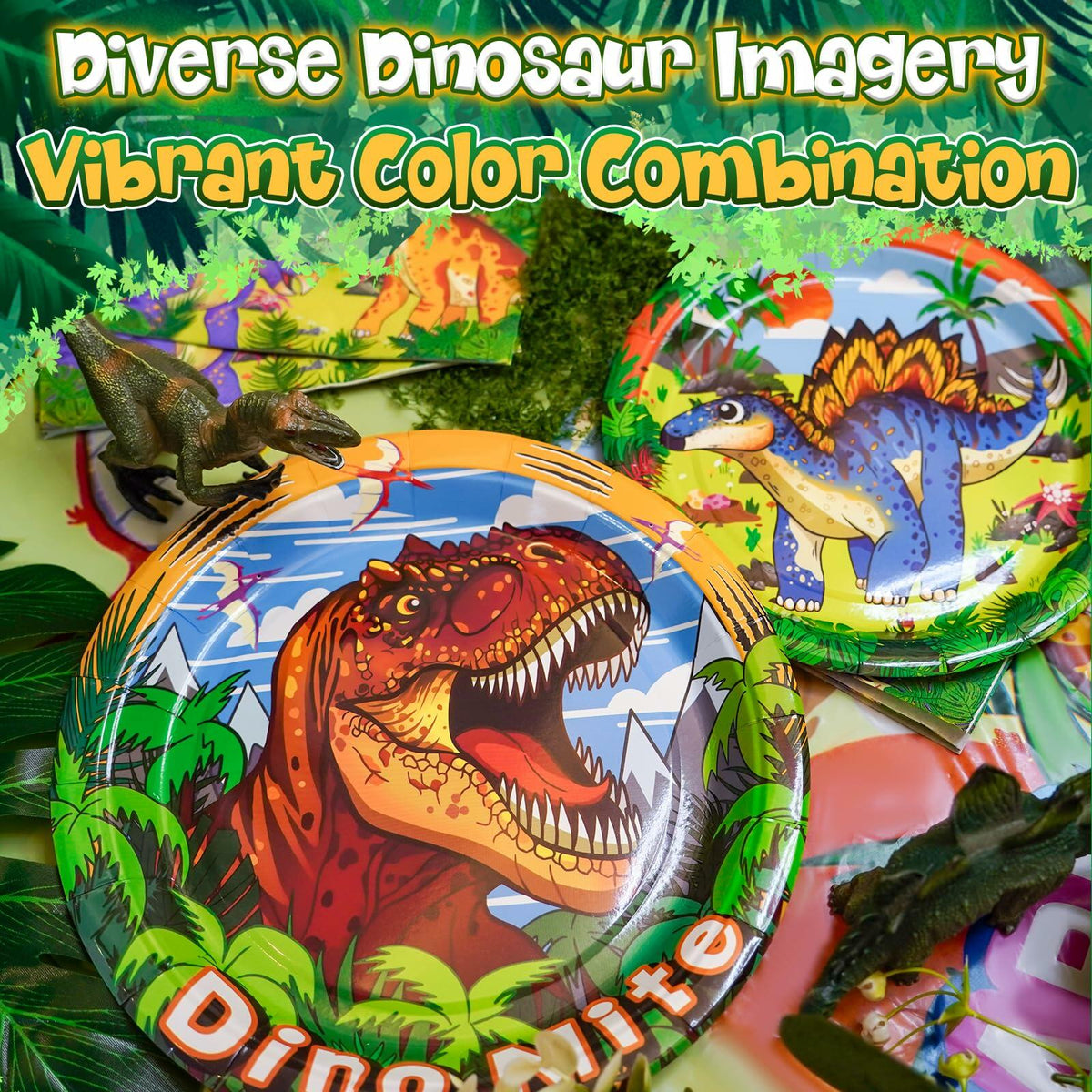 Dinosaur-themed products including plates and figurines with vibrant colors on a green leafy background.
