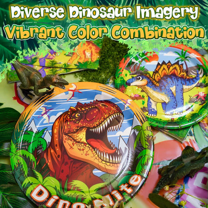Dinosaur-themed products including plates and figurines with vibrant colors on a green leafy background.