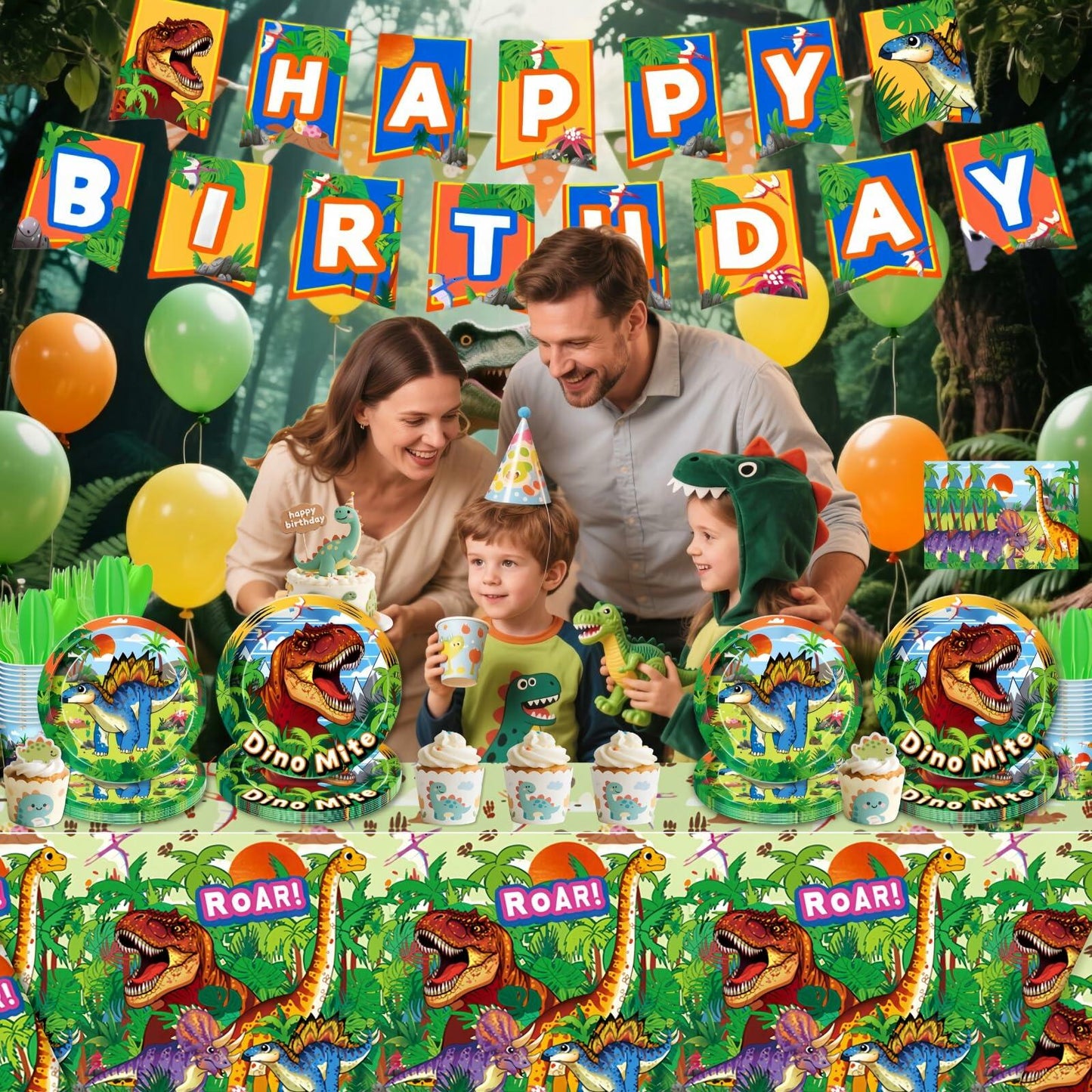 Family celebrating a dinosaur-themed birthday party with decorations and balloons.