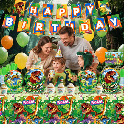 Family celebrating a dinosaur-themed birthday party with decorations and balloons.