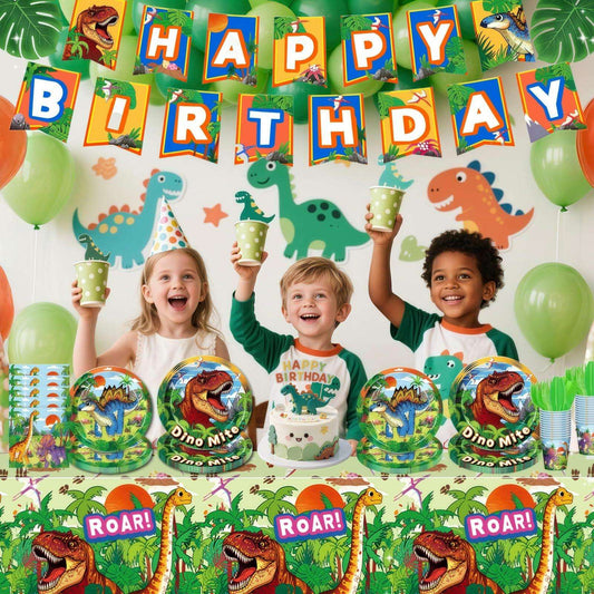 Children at a dinosaur-themed birthday party with decorations and balloons.
