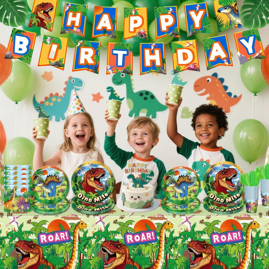 Children at a dinosaur-themed birthday party with decorations and balloons.