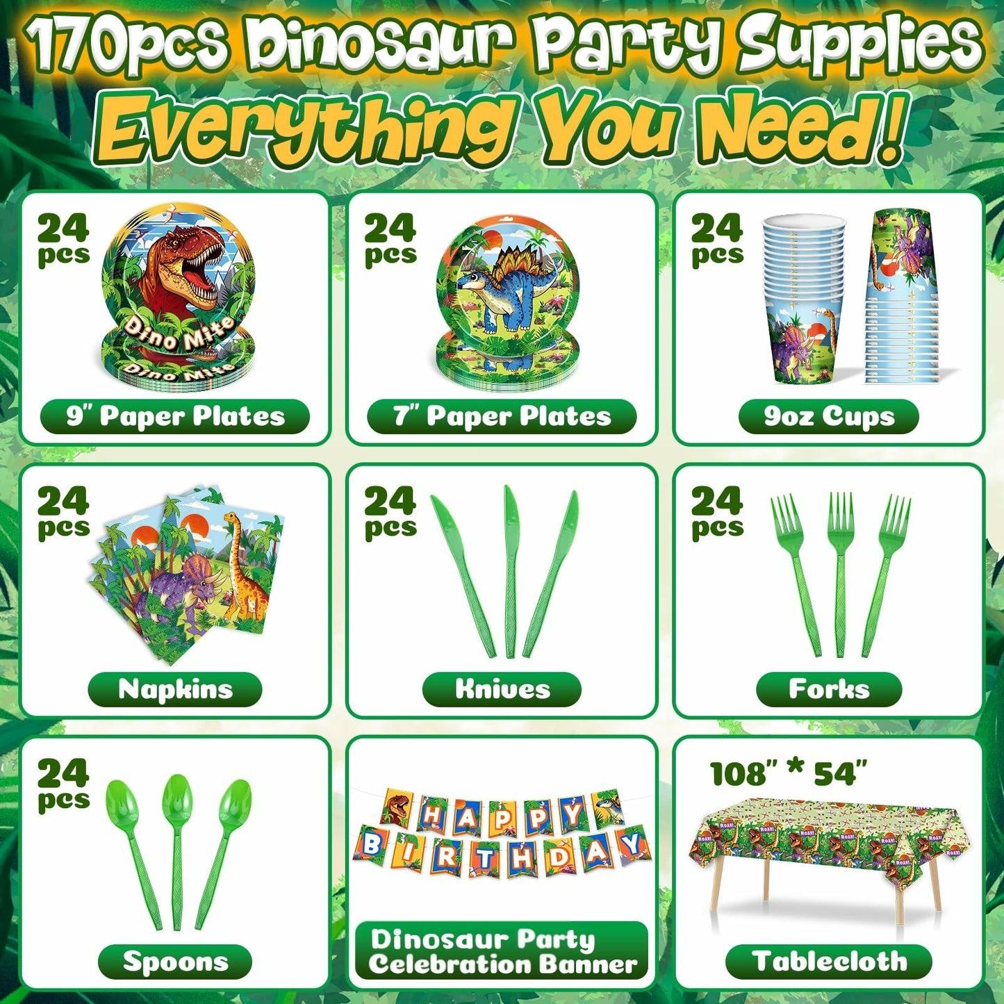 Dinosaur party supplies set with paper plates, cups, napkins, and tablecloth on a green background.