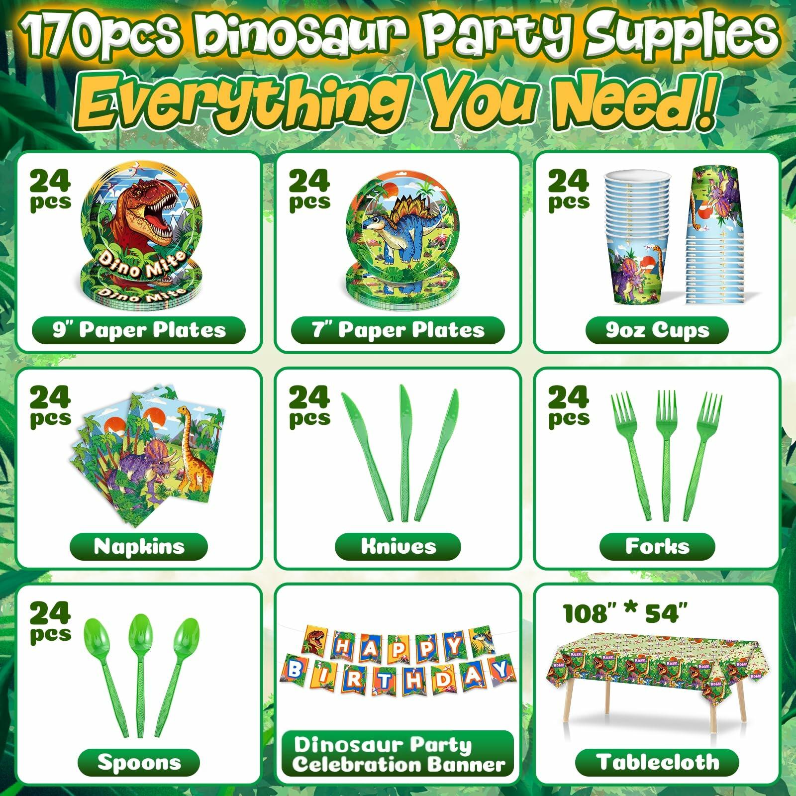 Dinosaur party supplies set with paper plates, cups, napkins, and tablecloth on a green background.