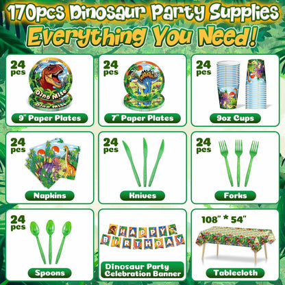 Dinosaur party supplies set with paper plates, cups, napkins, and tablecloth on a green background.