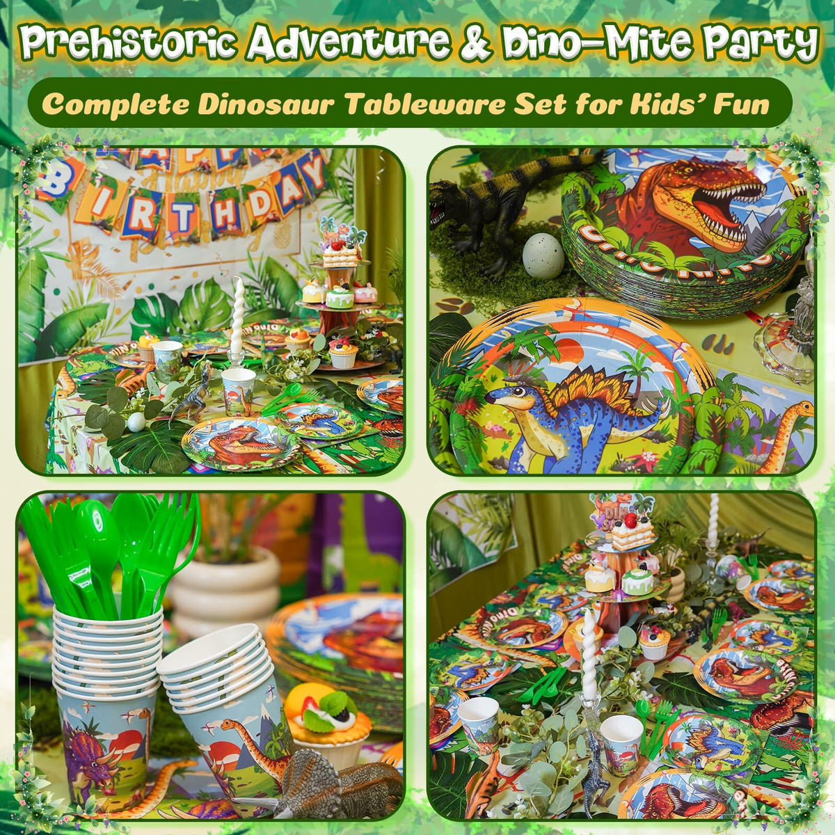 Prehistoric Adventure & Dino-Mite Party tableware set for kids' fun with dinosaur-themed plates, cups, and decorations.