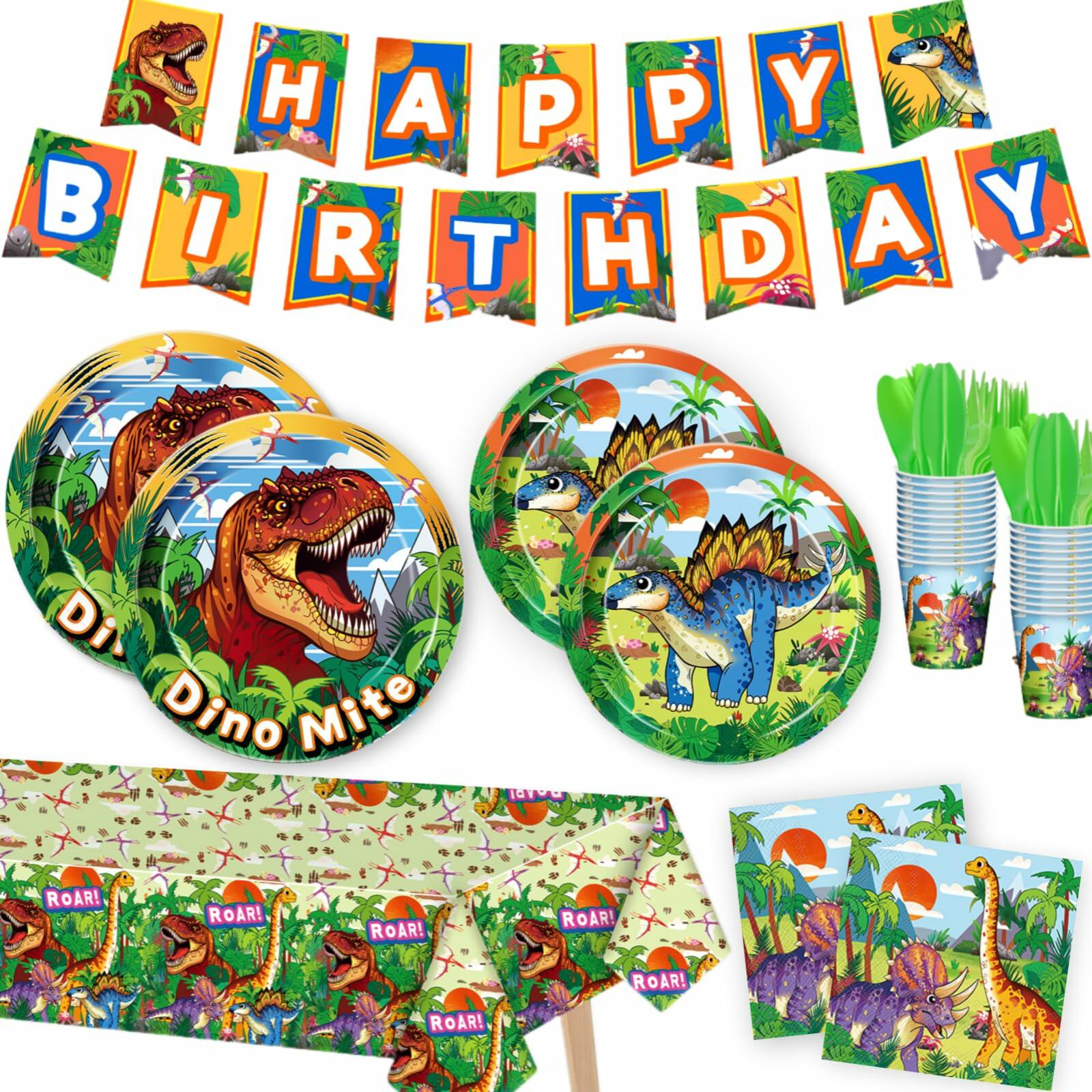 Dinosaur-themed birthday party supplies including plates, cups, and banners on a white background.