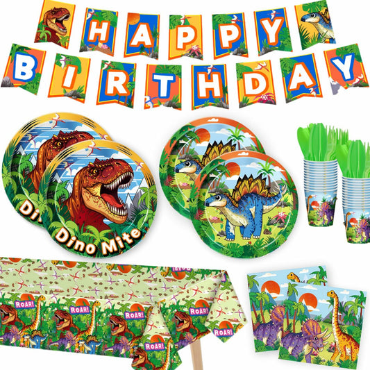 Dinosaur-themed birthday party supplies including plates, cups, and banners on a white background.