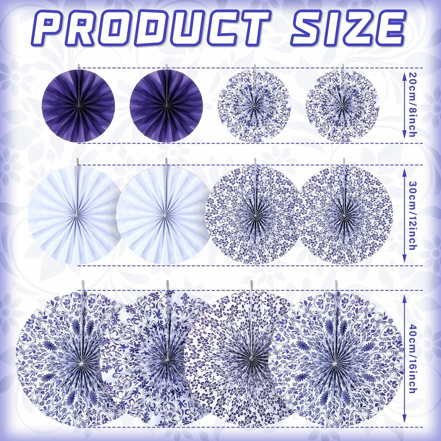 Chinoiserie hanging paper fans in blue and white, featuring various sizes and floral designs, ideal for party decor.