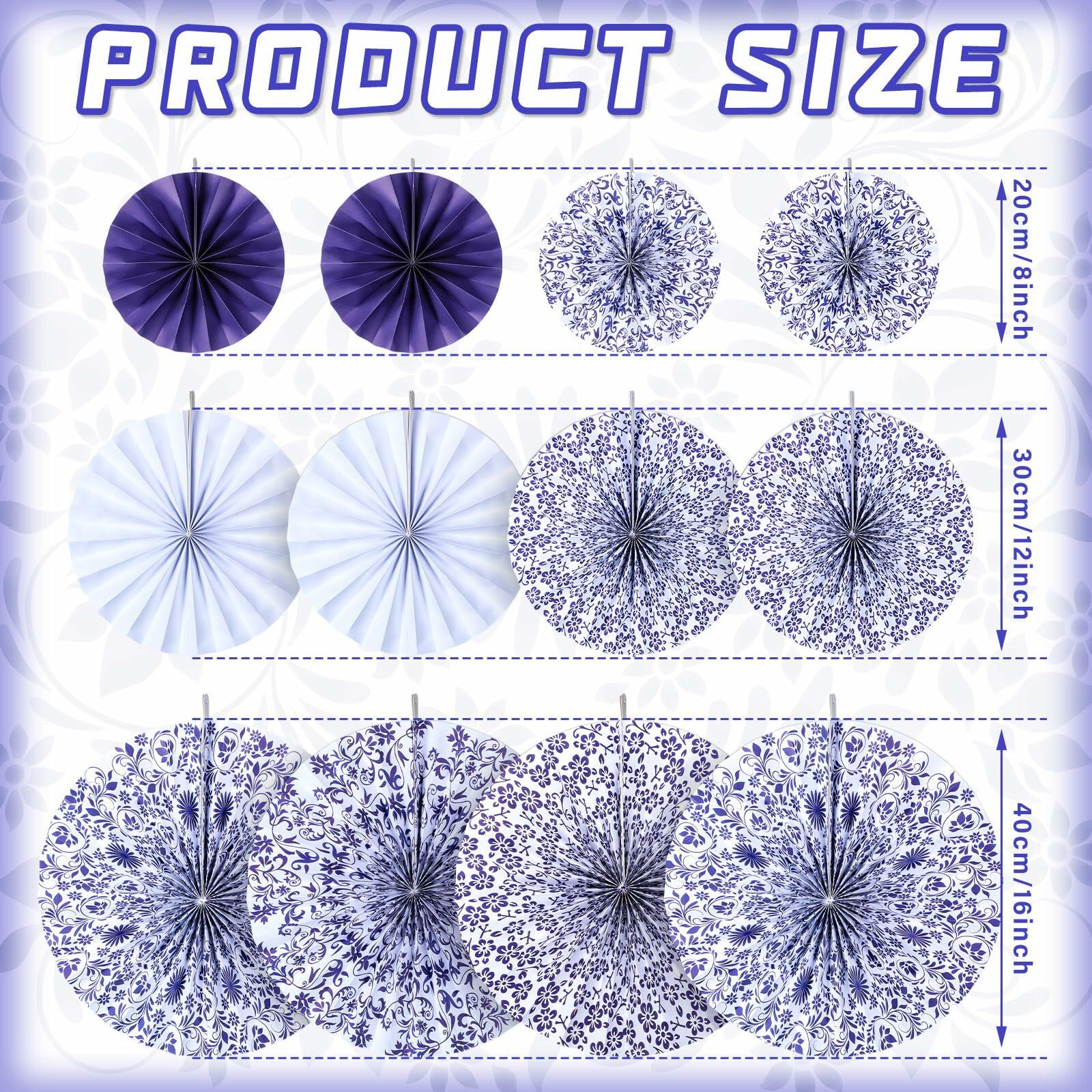 Chinoiserie hanging paper fans in blue and white, featuring various sizes and floral designs, ideal for party decor.