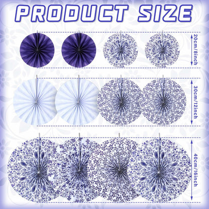 Chinoiserie hanging paper fans in blue and white, featuring various sizes and floral designs, ideal for party decor.