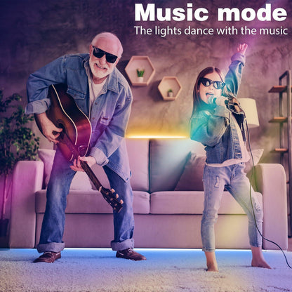 Man and girl in denim playing guitar and singing in a room with colorful RGB strip lights. Text reads Music mode.
